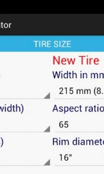 Tire size selection landscape screen