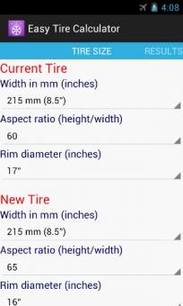 Tire size selection screen