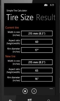 Dark tire size selection screen