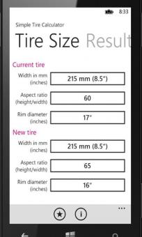 White tire size selection screen